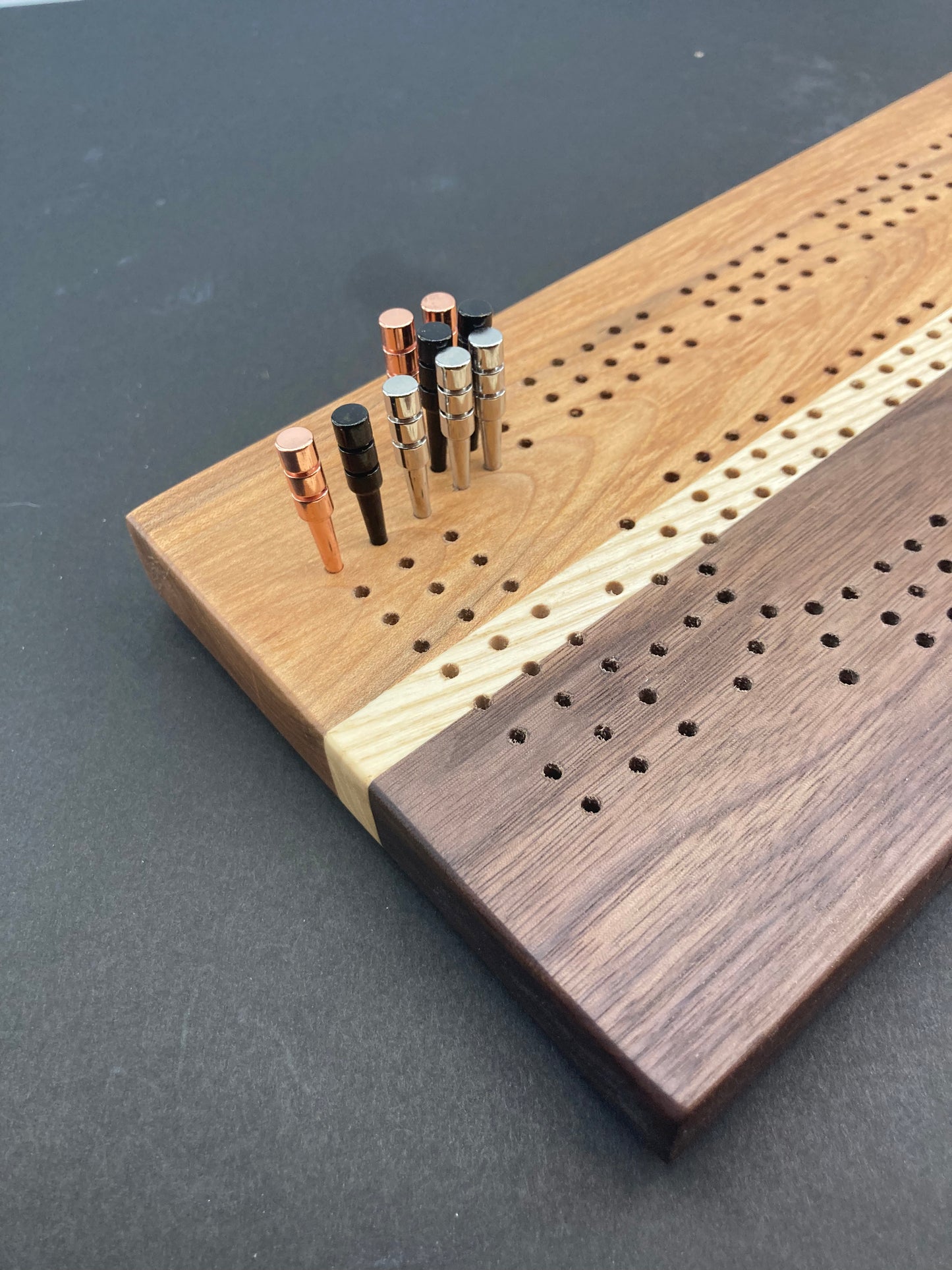 Walnut and Cherry Cribbage Board with Ash accent